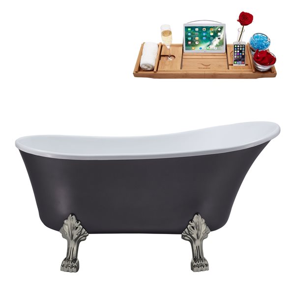 Streamline 27W x 55L Matte Grey Acrylic Clawfoot Bathtub with Brushed Nickel Feet and Reversible Drain with Tray
