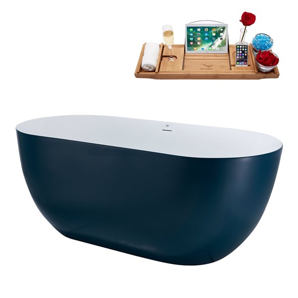 Streamline 28W x 59L Matte Light Blue Acrylic Bathtub and a Polished Gold Center Drain with Tray