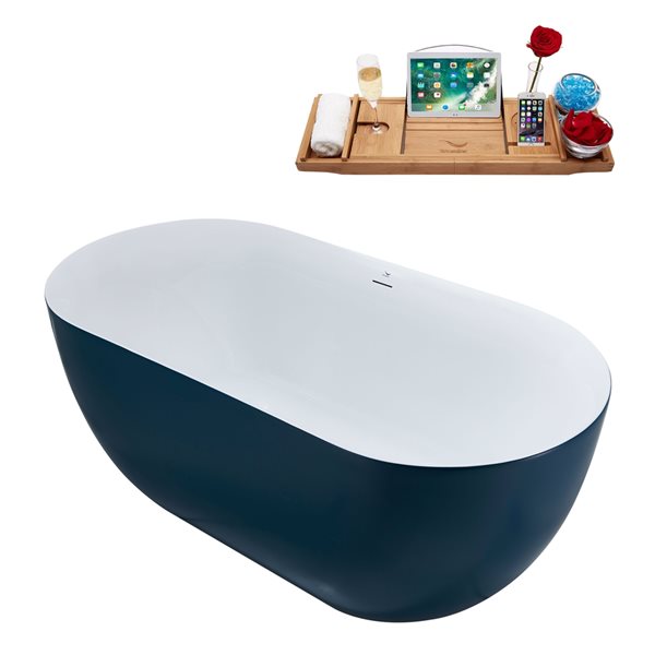 Streamline 28W x 59L Matte Light Blue Acrylic Bathtub and a Polished Gold Center Drain with Tray