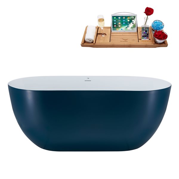 Streamline 28W x 59L Matte Light Blue Acrylic Bathtub and a Polished Gold Center Drain with Tray