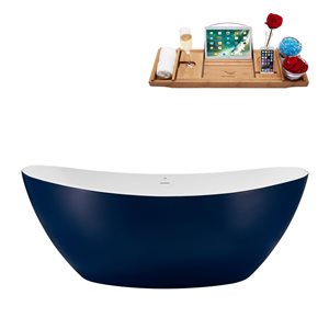 Streamline 35W x 75L Matte Dark Blue Acrylic Bathtub and a Brushed Nickel Center Drain with Tray