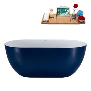 Streamline 28W x 59L Matte Dark Blue Acrylic Bathtub and a Polished Gold Center Drain with Tray