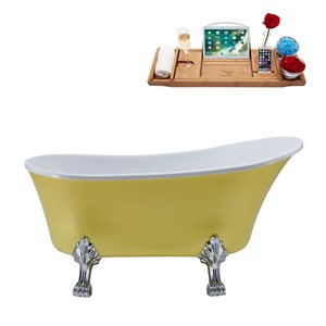 Streamline 27W x 55L Matte Yellow Acrylic Clawfoot Bathtub with Polished Chrome Feet and Reversible Drain with Tray