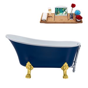 Streamline 28W x 63L Matte Dark Blue Acrylic Clawfoot Bathtub with Polished Gold Feet and Reversible Drain with Tray