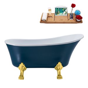 Streamline 27W x 55L Matte Light Blue Acrylic Clawfoot Bathtub with Polished Gold Feet and Reversible Drain with Tray