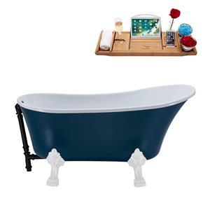 Streamline 27W x 55L Matte Light Blue Acrylic Clawfoot Bathtub with Glossy White Feet and Reversible Drain with Tray