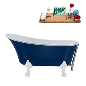 Streamline 28W x 63L Matte Dark Blue Acrylic Clawfoot Bathtub with Glossy White Feet and Reversible Drain with Tray