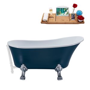 Streamline 27W x 55L Matte Light Blue Acrylic Clawfoot Bathtub with Polished Chrome Feet and Reversible Drain with Tray