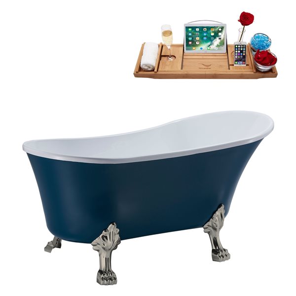 Streamline 27W x 55L Matte Light Blue Acrylic Clawfoot Bathtub with Brushed Nickel Feet and Reversible Drain with Tray
