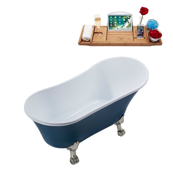 Streamline 27W x 55L Matte Light Blue Acrylic Clawfoot Bathtub with Brushed Nickel Feet and Reversible Drain with Tray