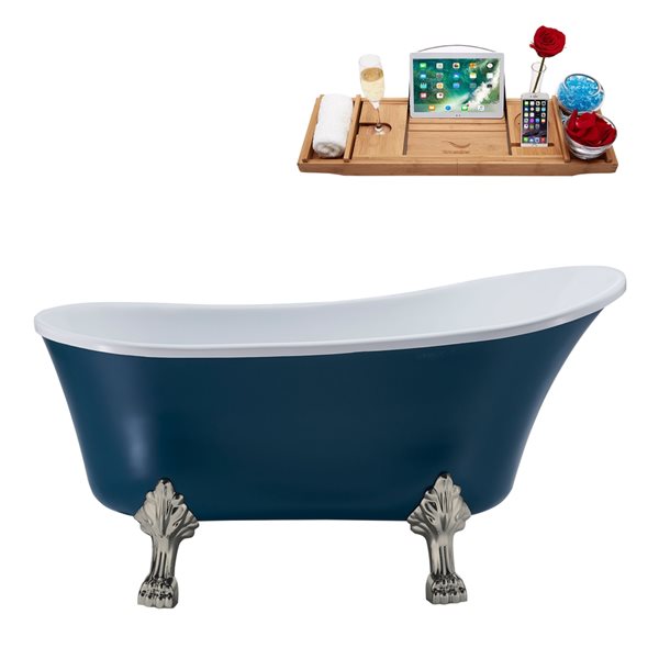 Streamline 27W x 55L Matte Light Blue Acrylic Clawfoot Bathtub with Brushed Nickel Feet and Reversible Drain with Tray