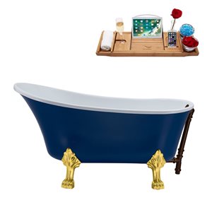Streamline 28W x 63L Matte Dark Blue Acrylic Clawfoot Bathtub with Polished Gold Feet and Reversible Drain with Tray