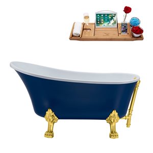 Streamline 27W x 55L Matte Dark Blue Acrylic Clawfoot Bathtub with Polished Gold Feet and Reversible Drain with Tray