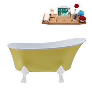 Streamline 27W x 55L Matte Yellow Acrylic Clawfoot Bathtub with Glossy White Feet and Reversible Drain with Tray