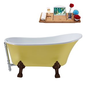 Streamline 27W x 55L Matte Yellow Acrylic Clawfoot Bathtub with Matte Oil Rubbed Bronze Feet and Reversible Drain with Tray