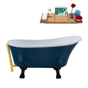 Streamline 27W x 55L Matte Light Blue Acrylic Clawfoot Bathtub with Matte Black Feet and Reversible Drain with Tray