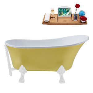 Streamline 27W x 55L Matte Yellow Acrylic Clawfoot Bathtub with Glossy White Feet and Reversible Drain with Tray