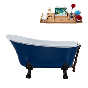 Streamline 27W x 55L Matte Dark Blue Acrylic Clawfoot Bathtub with Matte Black Feet and Reversible Drain with Tray