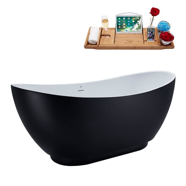 Baignoire en acrylique noir mat Streamline de 28 po x 62 po avec drain centré nickel brossé et plateau