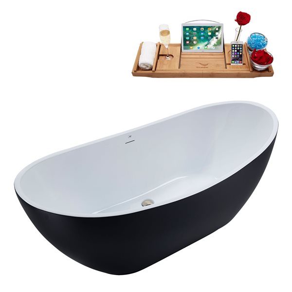 Baignoire en acrylique noir mat Streamline de 28 po x 62 po avec drain centré nickel brossé et plateau