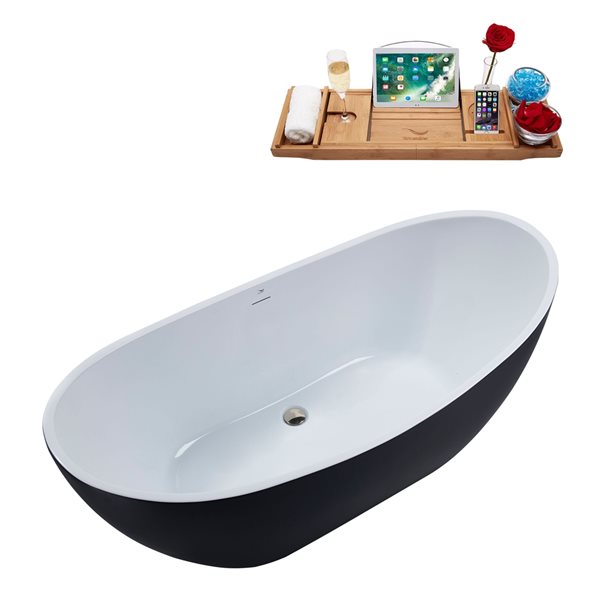 Baignoire en acrylique noir mat Streamline de 28 po x 62 po avec drain centré nickel brossé et plateau