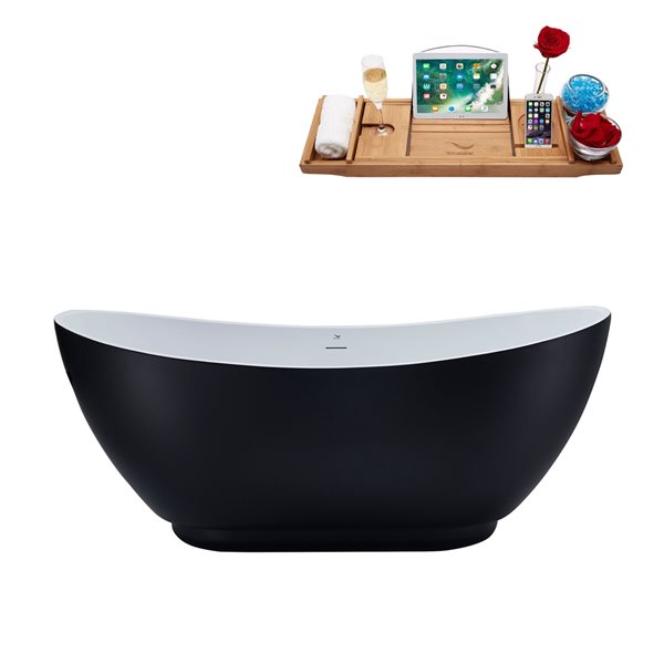 Baignoire en acrylique noir mat Streamline de 28 po x 62 po avec drain centré nickel brossé et plateau