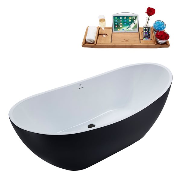 Baignoire acrylique Streamline noir mat drain centré noir mat et plateau 28 po x 62 po