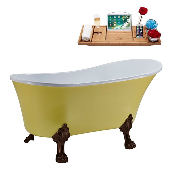 Streamline 27W x 55L Matte Yellow Acrylic Clawfoot Bathtub with Matte Oil Rubbed Bronze Feet and Reversible Drain with Tray