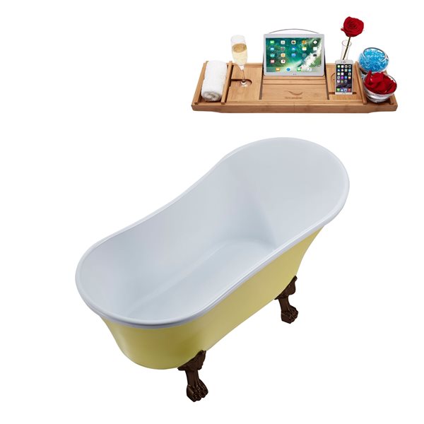Streamline 27W x 55L Matte Yellow Acrylic Clawfoot Bathtub with Matte Oil Rubbed Bronze Feet and Reversible Drain with Tray