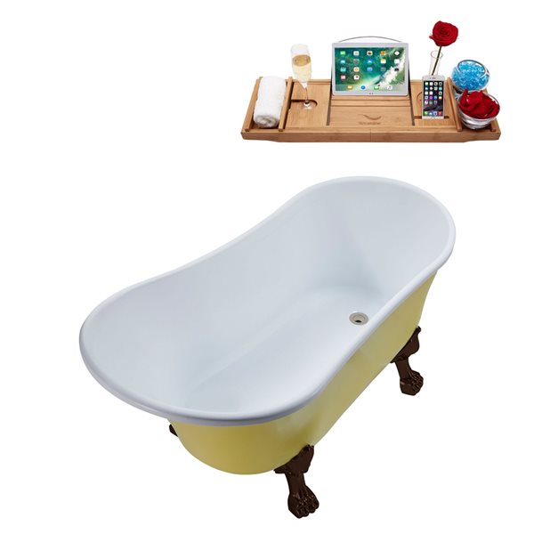 Streamline 27W x 55L Matte Yellow Acrylic Clawfoot Bathtub with Matte Oil Rubbed Bronze Feet and Reversible Drain with Tray