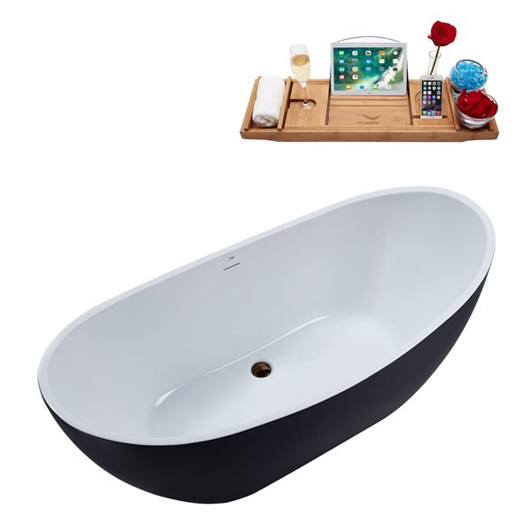 Baignoire en acrylique noir mat Streamline de 28 po x 62 po avec drain centré bronze huilé mat et plateau