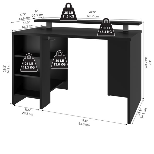 Bureau d'étude noir moderne et contemporain Electra par Bestar de 47,5 po