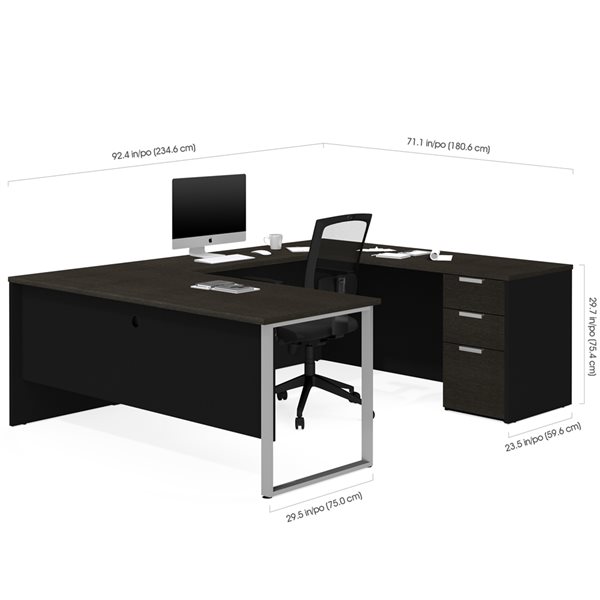 Bureau en U gris et noir moderne et contemporain Pro-Concept Plus par Bestar de 71,1 po