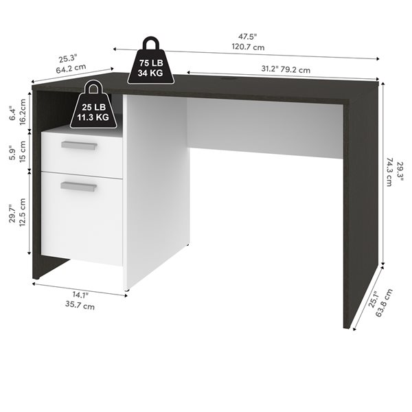 Bureau pour ordinateur noir et blanc moderne et contemporain Meropa par Bestar de 47,5 po