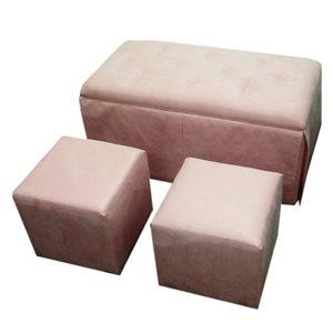 ORE International Modern Pink Polyester Rectangular Bench with Integrated Storage and 2 Ottomans - Set of 3