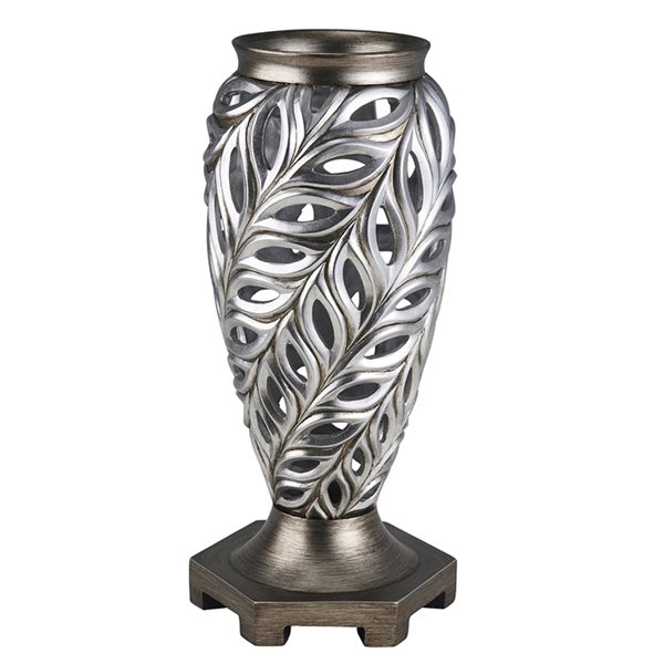 ORE International Silver Polyresin Vase Tabletop Decoration with Feather Accents