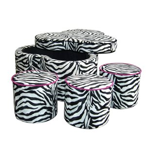 ORE International Black and White Polyester Abstract Ottoman with Integrated Storage and 3 Additional Ottomans  - Set of 4