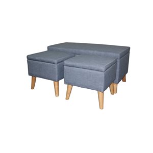 ORE International Modern Blue Polyester Rectangular Bench and Ottomans with Integrated Storage - Set of 3