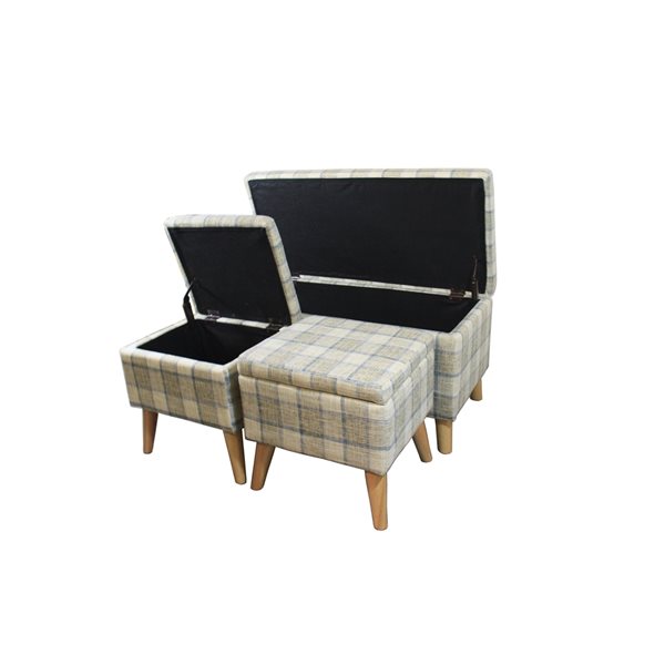 ORE International Modern Grey Plaid Polyester Rectangular Bench and Ottomans with Integrated Storage - Set of 3