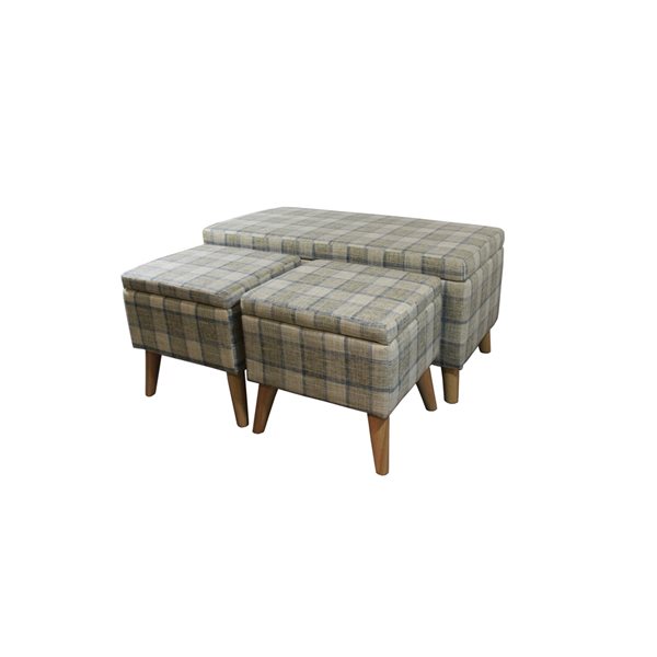 ORE International Modern Grey Plaid Polyester Rectangular Bench and Ottomans with Integrated Storage - Set of 3