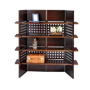ORE International 4-Panel Walnut Wood Folding Contemporary/Modern Style Room Divider with Bookshelves
