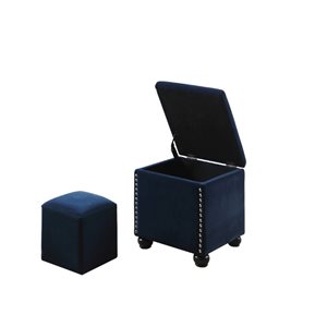 ORE International Modern Blue Polyester Square Ottoman with Integrated Storage and Additional Ottoman - Set of 2