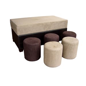 ORE International Modern Brown Polyester Rectangular Bench with Integrated Storage and 5 Ottomans - Set of 6
