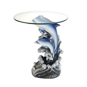 ORE International Blue Dolphin Round End Table with Clear Glass Top