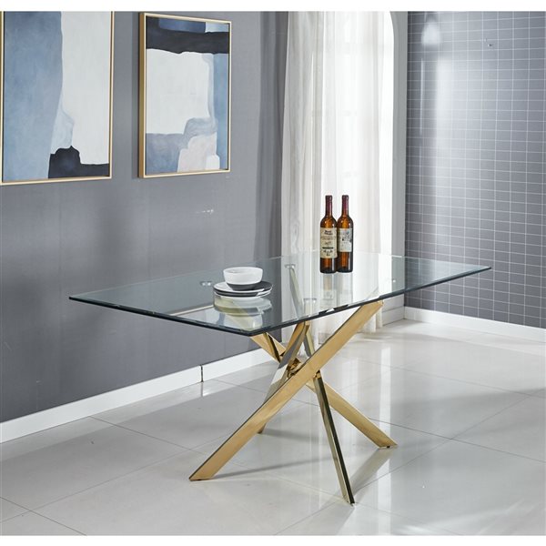 Plata Import Sonar Rectangular Fixed Standard (30-in H) Glass Table with Gold Stainless Steel Base