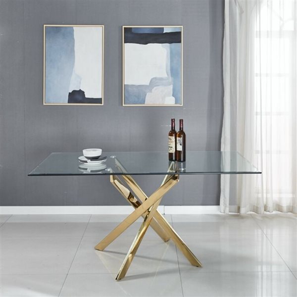 Plata Import Sonar Rectangular Fixed Standard (30-in H) Glass Table with Gold Stainless Steel Base