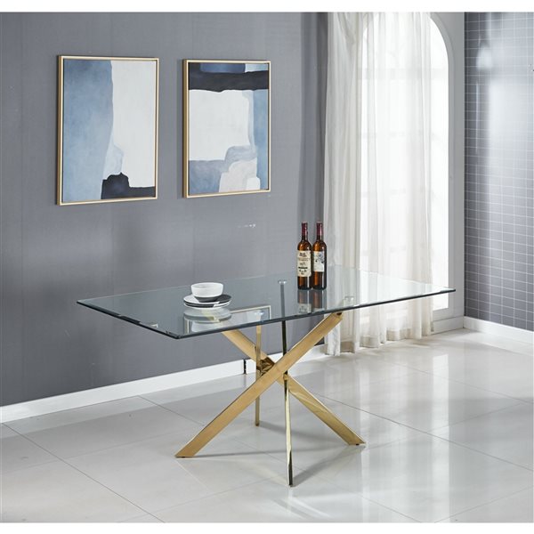 Plata Import Sonar Rectangular Fixed Standard (30-in H) Glass Table with Gold Stainless Steel Base