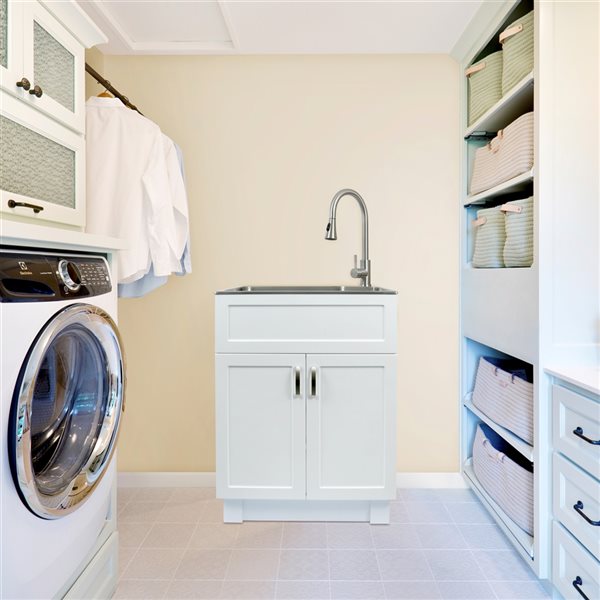 Presenza 24.17-in x 21.3-in White Preassembled Freestanding Laundry Cabinet with Sink, Drain and Faucet