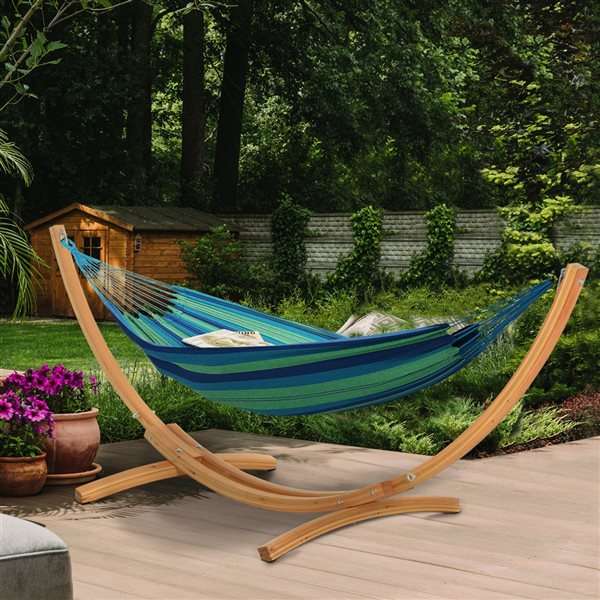 Outsunny Cypress Wood and Cotton Fabric Double Wide Outdoor Hammock with Stand 