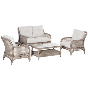 Outsunny 4-Piece Rattan Conversation Set with Off-White Cushions